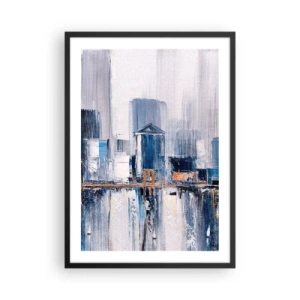 Plakat i sort ramme - Abstrakt bypanorama i nuancer af blå og hvid - 50x70cm - Indtryk fra New York - Moderne vægdekoration til stue og soveværelse ARTTOR