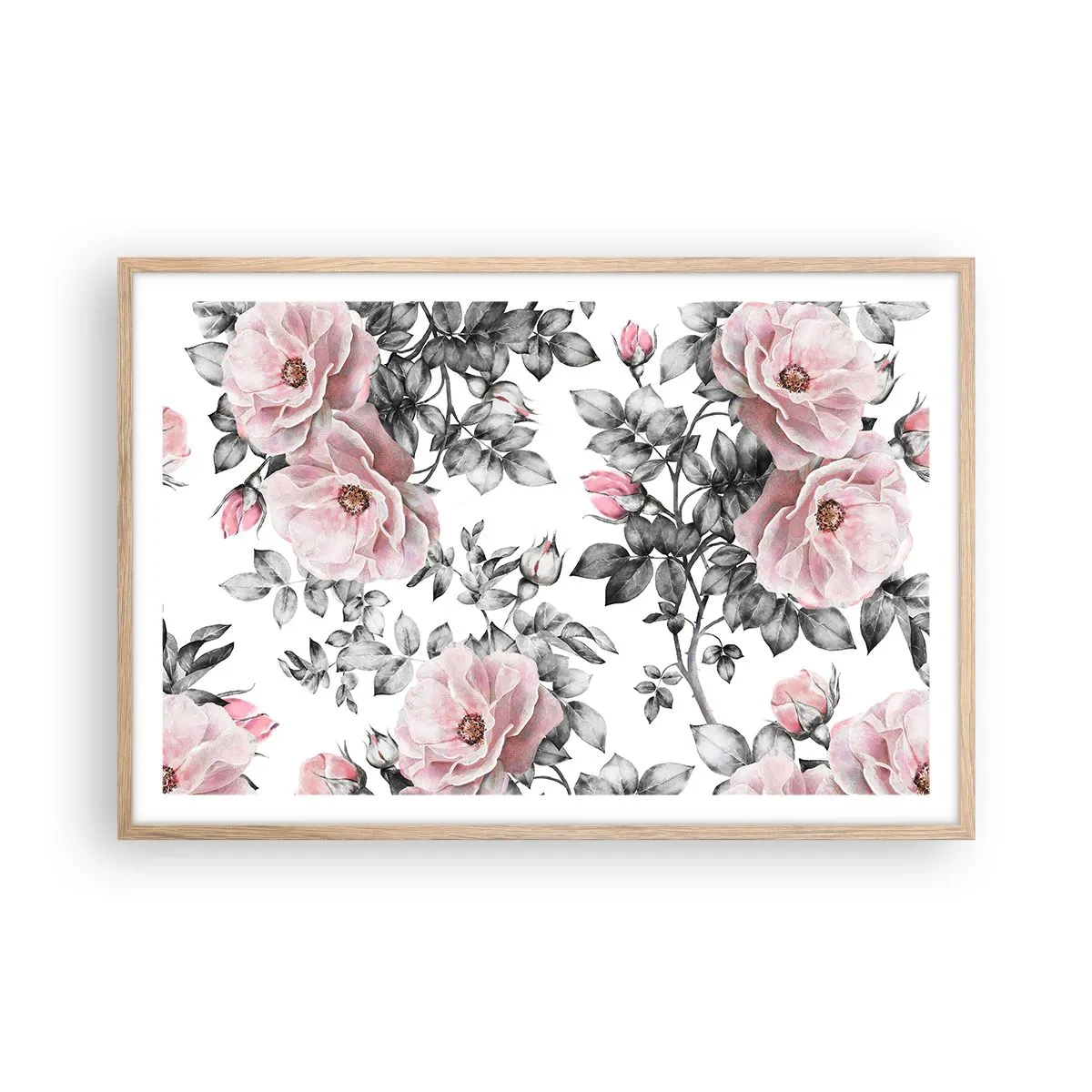 Plakat i ramme af lyst egetræ - Forsvind i rosenblomsterne - 91x61 cm