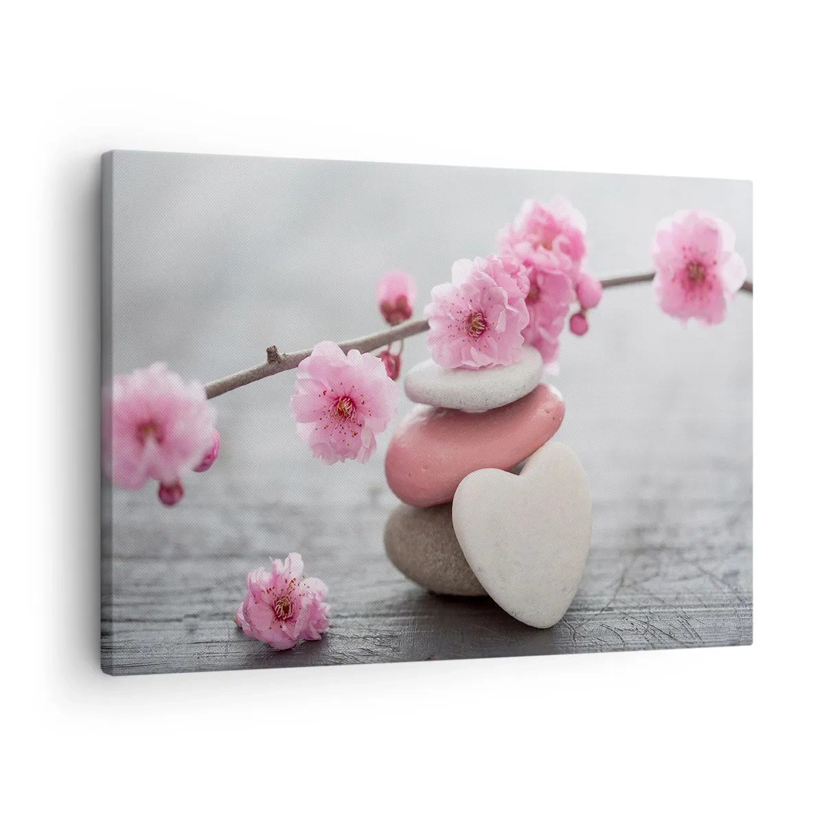 Lærredstryk - Billede på lærred - Delikate kirsebærblomster med hjerteformede sten - 70x50cm - Kirsebærblomstens lyksalighed - Moderne vægdekoration til stue og soveværelse ARTTOR