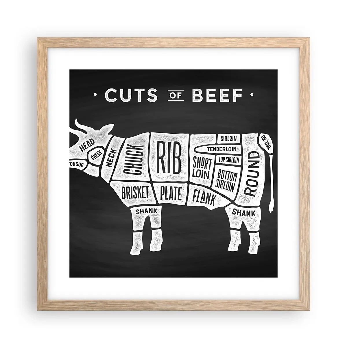 Plakat i ramme af lyst egetræ - Slagterens grundbog - 40x40 cm