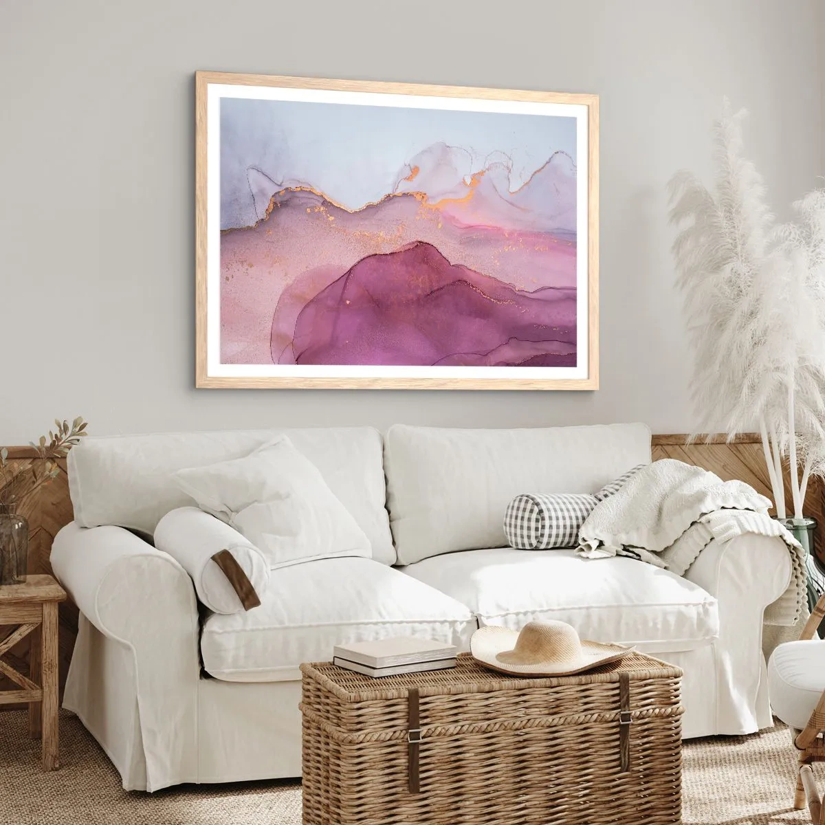 Plakat i ramme af lyst egetræ - Lilla og violette bølger - 91x61 cm