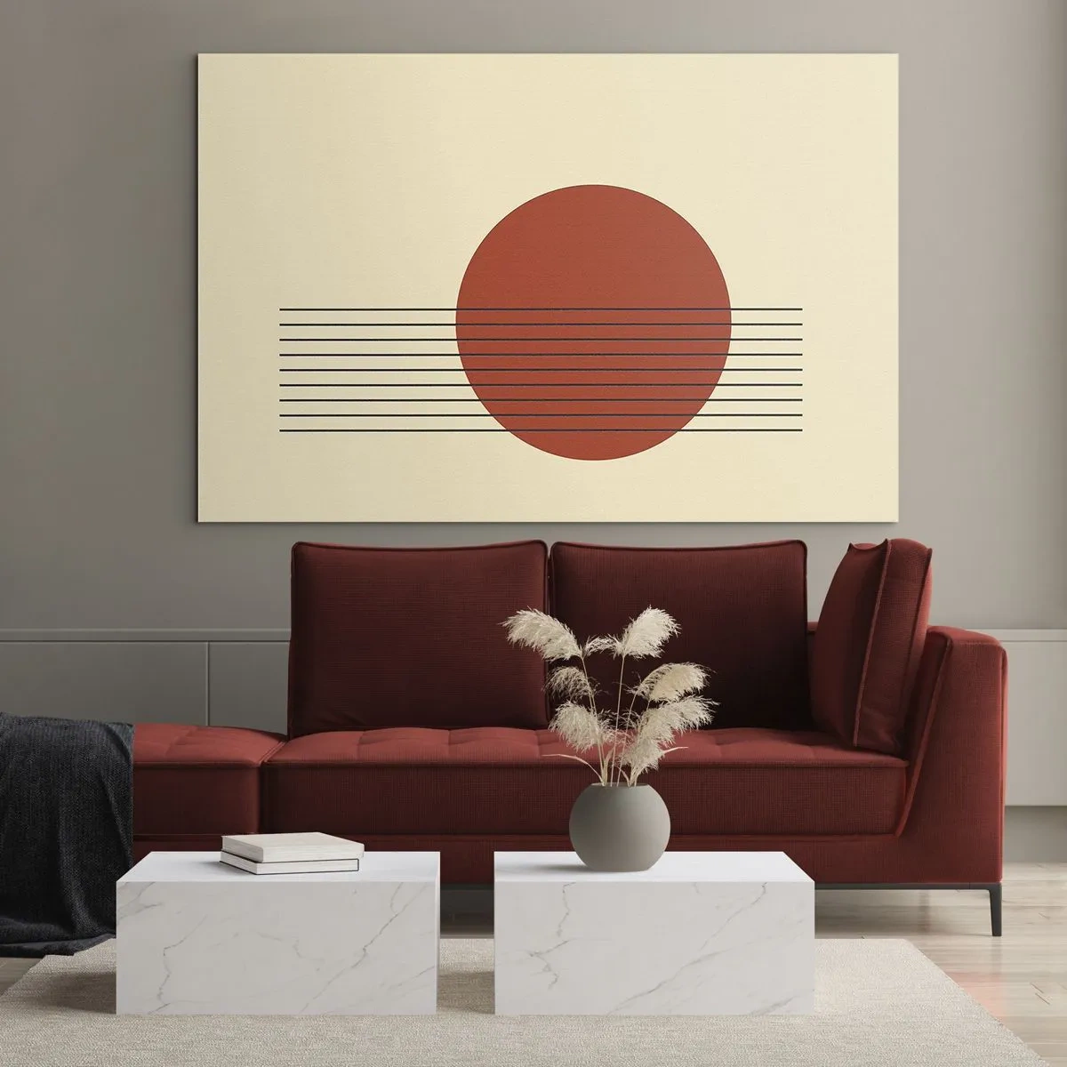 Billede på glas - Minimalistisk grafik med rød cirkel og linjer - 70x50cm - Og så videre - Moderne vægdekoration til stue og soveværelse ARTTOR