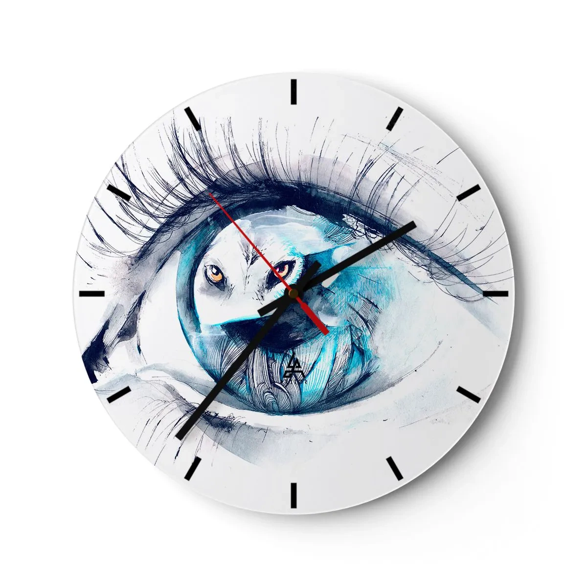 Vægur, Uret - Kunstnerisk ulveøjemotiv i nuancer af blå og hvid - 30x30cm - Øje mod øje med vildskab - Moderne vægdekoration til stue, køkken og soveværelse ARTTOR