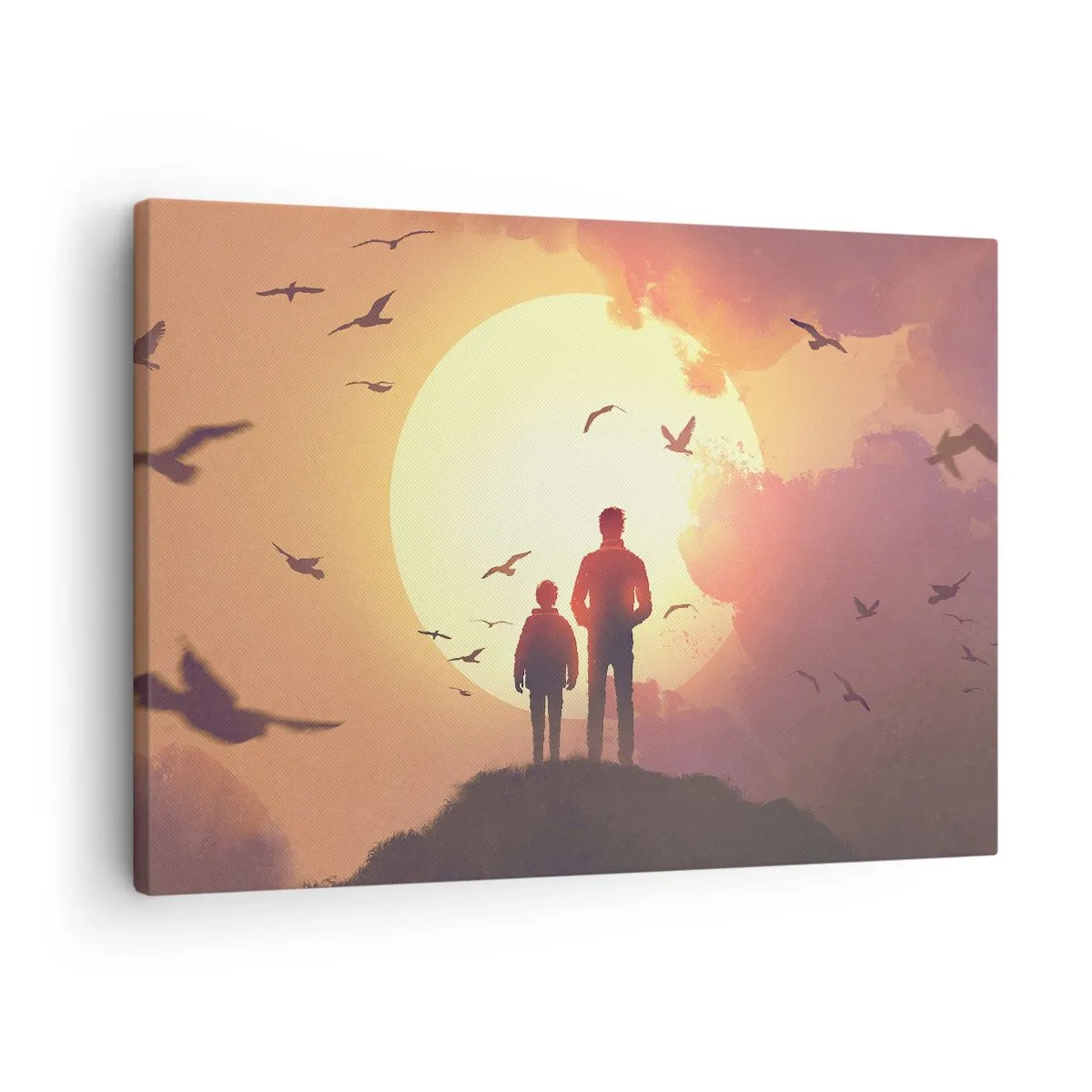 Lærredstryk - Billede på lærred - Figurer mod baggrunden af den nedgående sol - 70x50cm - Ansigt til ansigt med solen - Moderne vægdekoration til stue og soveværelse ARTTOR
