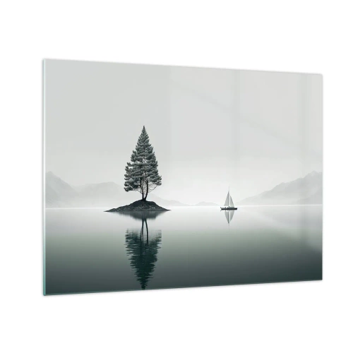 Billede på glas - Et ensomt træ på en ø og en sejlbåd på en rolig sø - 70x50cm - En drøm - Moderne vægdekoration til stue og soveværelse ARTTOR