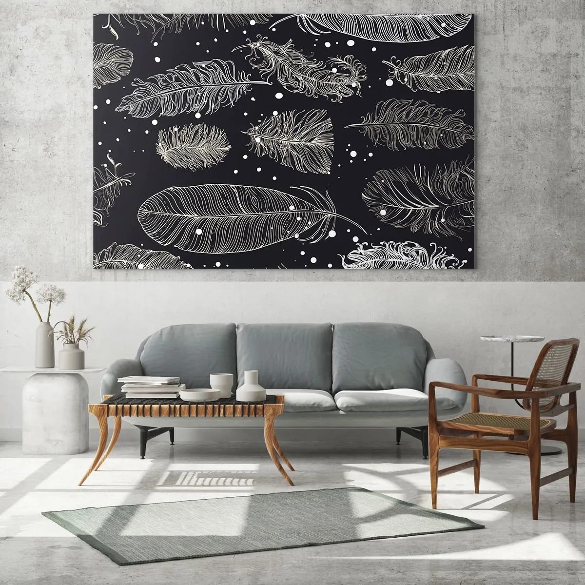 Billede på glas - Hvide fjer på en sort baggrund med diskrete detaljer - 70x50cm - Fjerede blonder - Moderne vægdekoration til stue og soveværelse ARTTOR