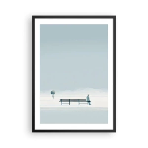 Plakat i sort ramme - En person sidder på en bænk i et minimalistisk, fredeligt landskab. - 50x70cm - Ja, jeg venter. - Moderne vægdekoration til stue og soveværelse ARTTOR