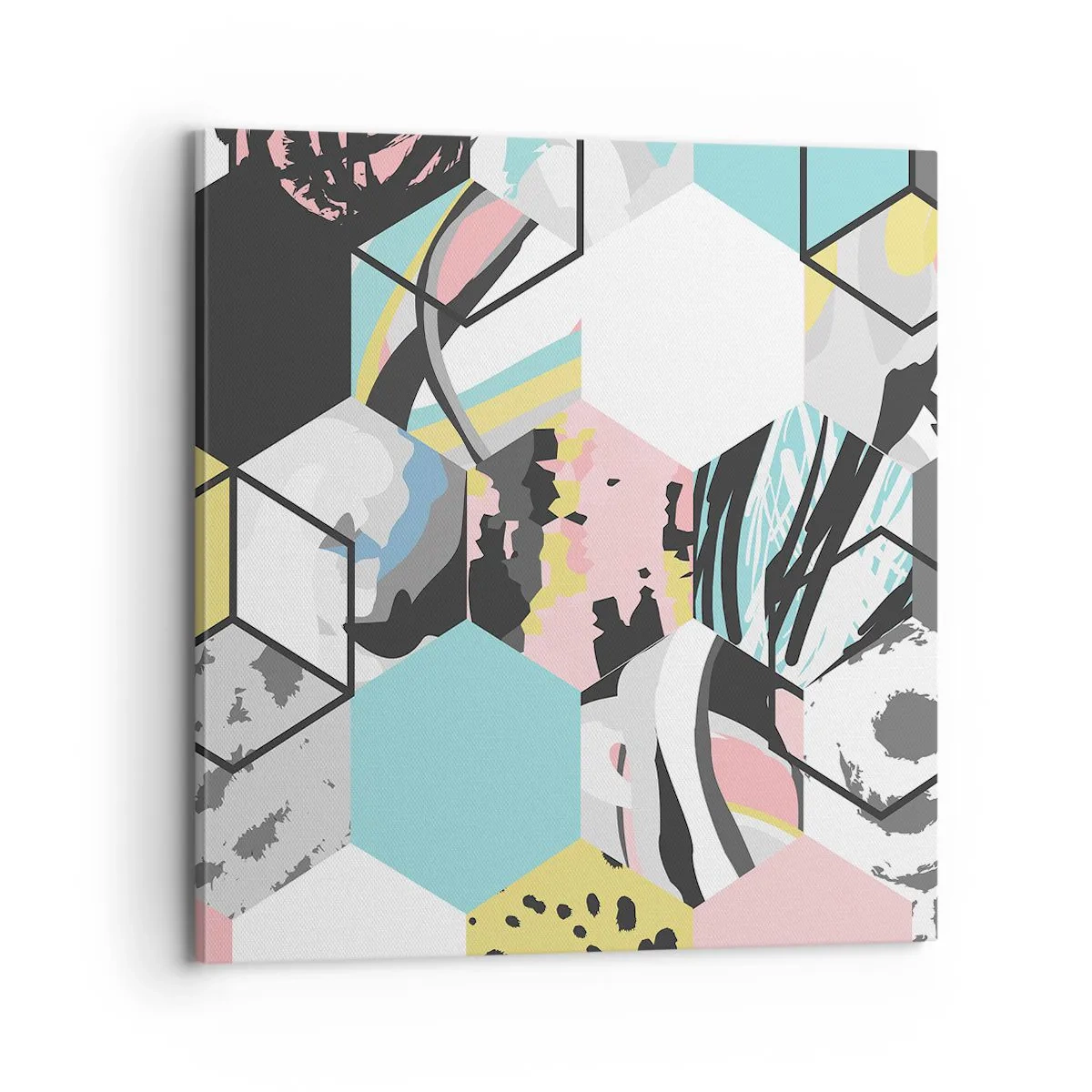 Lærredstryk - Billede på lærred - Sekskanter og terninger i seks farver - 70x70 cm