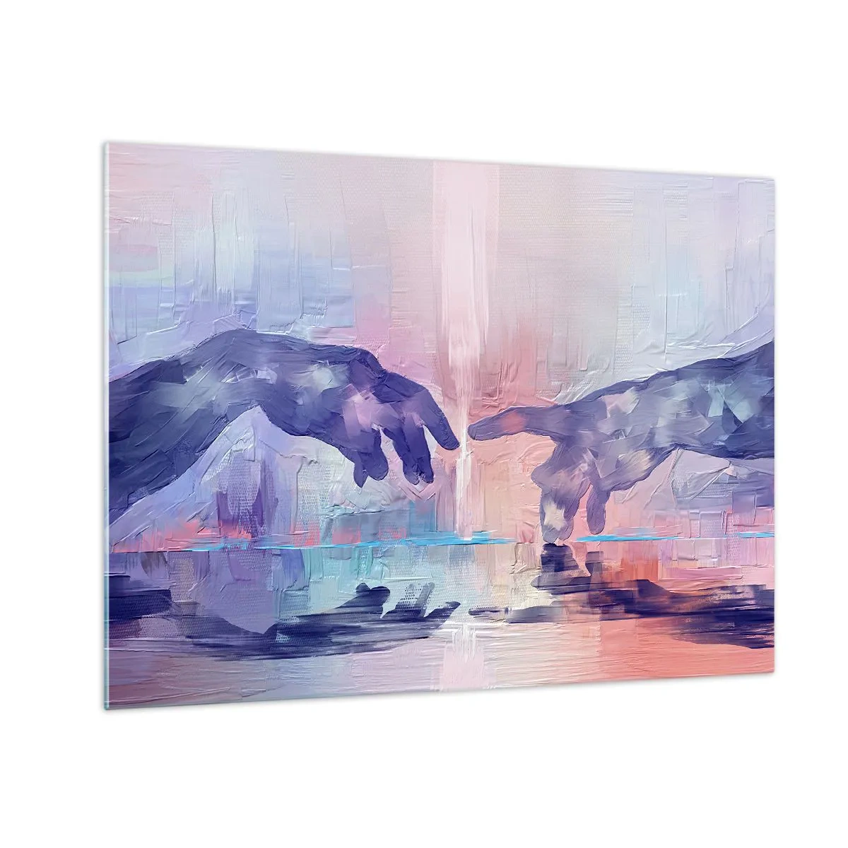 Billede på glas - Abstrakte hænder nærmer sig hinanden mod en pastel baggrund. - 70x50cm - Den guddommelige gnist af liv - Moderne vægdekoration til stue og soveværelse ARTTOR