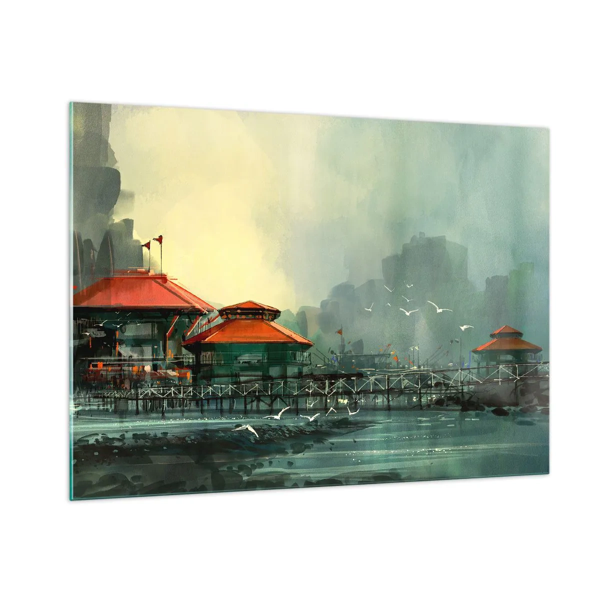 Billede på glas - En regnvejrsdag på havnen - 100x70 cm