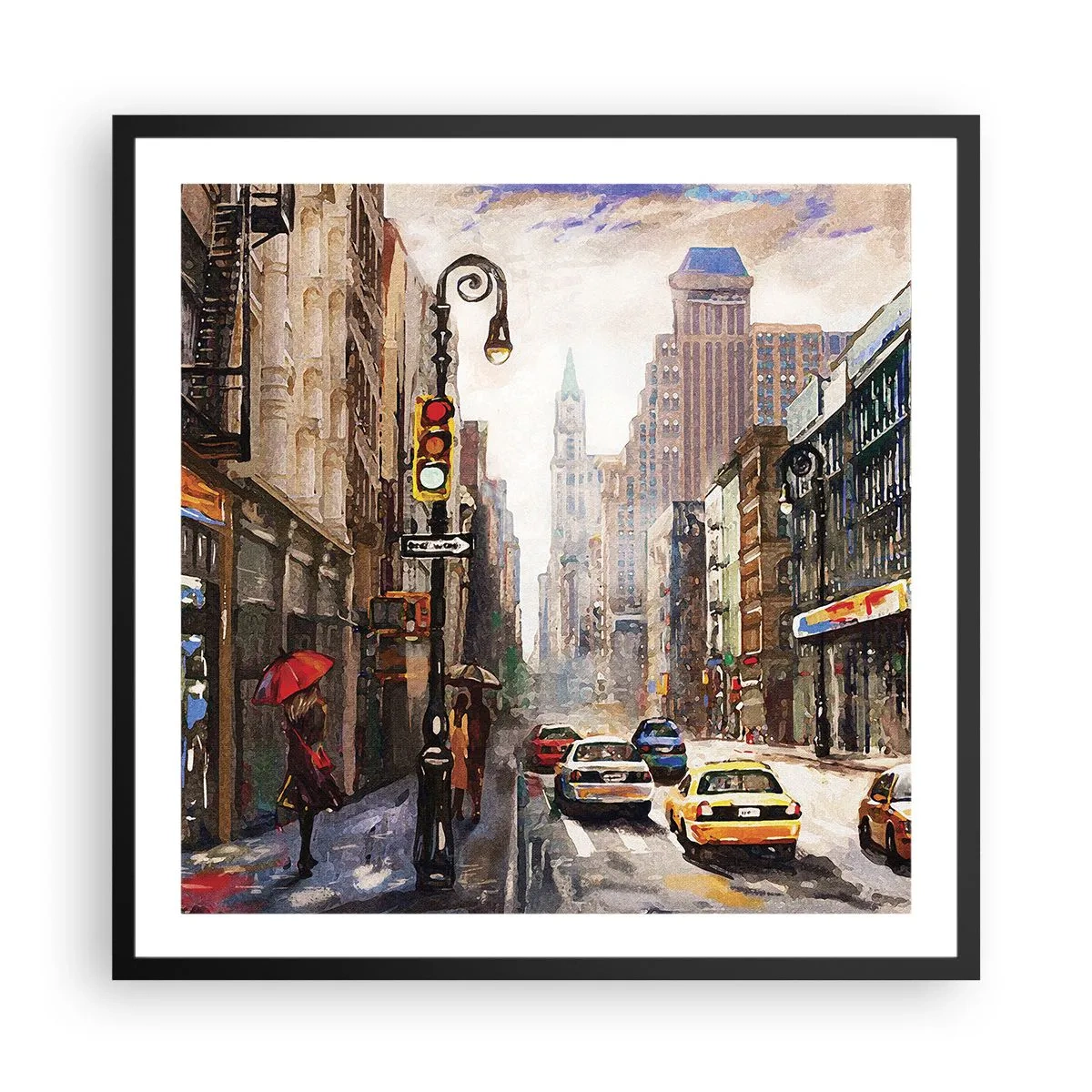 Plakat i sort ramme - New York - også farverig i regnvejr - 60x60 cm