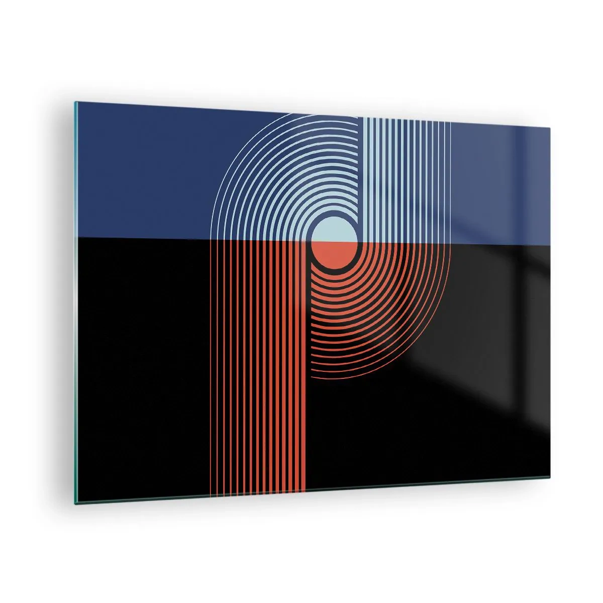 Billede på glas - Moderne geometrisk grafik i kontrasterende farver - 70x50cm - I en geometrisk omfavnelse - Moderne vægdekoration til stue og soveværelse ARTTOR