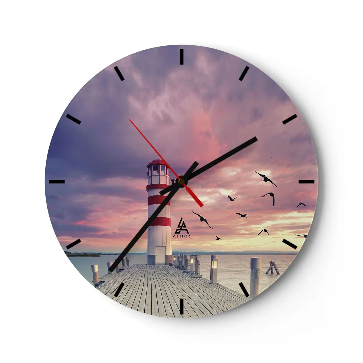 Vægur, Uret - Fyrtårn ved solnedgang over vandet - 30x30cm - Det er tid til havnen - Moderne vægdekoration til stue, køkken og soveværelse ARTTOR