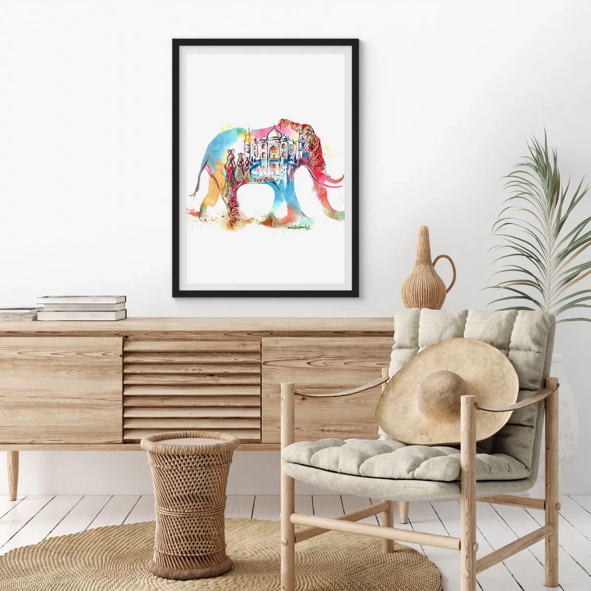 Plakat i sort ramme - Farverig elefant med indiske motiver og Taj Mahal - 50x70cm - Indien - kærlighedens aura - Moderne vægdekoration til stue og soveværelse ARTTOR