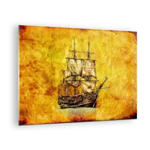 Billede på glas - Et historisk sejlskib mod baggrunden af stiliseret pergament - 70x50cm - På vej til Tortuga! - Moderne vægdekoration til stue og soveværelse ARTTOR