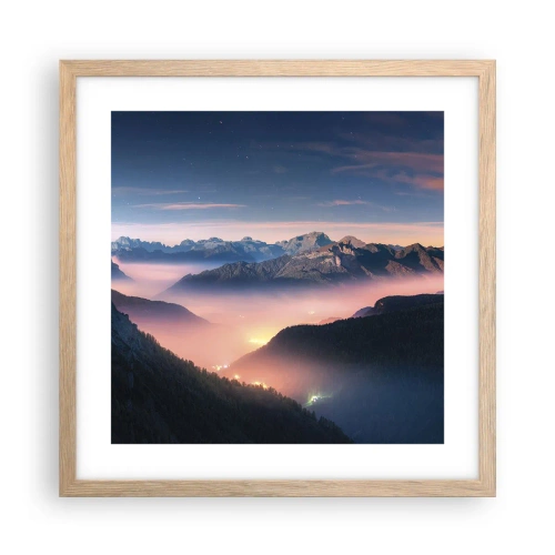 Plakat i ramme af lyst egetræ - Lys i dalene - 40x40 cm