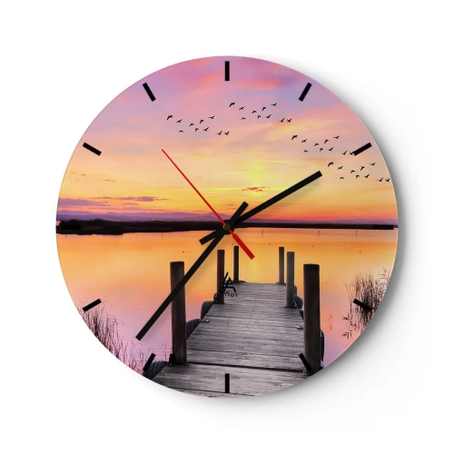 Vægur, Uret - En mole ved en sø ved solnedgang, fugle flyver væk - 30x30cm - Violet stille daggry - Moderne vægdekoration til stue, køkken og soveværelse ARTTOR