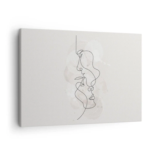 Lærredstryk - Billede på lærred - Abstrakt omrids af to ansigter på en lys baggrund - 70x50cm - Omfavnet i en omfavnelse - Moderne vægdekoration til stue og soveværelse ARTTOR