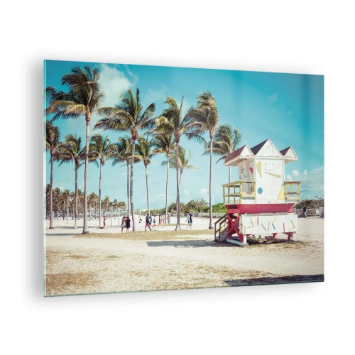 Billede på glas - En strand med palmer og et livreddertårn på en solskinsdag - 70x50cm - En smuk dag foran dig - Moderne vægdekoration til stue og soveværelse ARTTOR