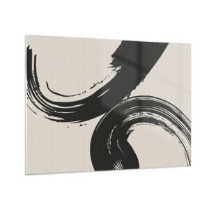 Billede på glas - Sorte, dynamiske kalligrafiske penselstrøg på en lys baggrund. - 70x50cm - Fejende og cirkulær - Moderne vægdekoration til stue og soveværelse ARTTOR