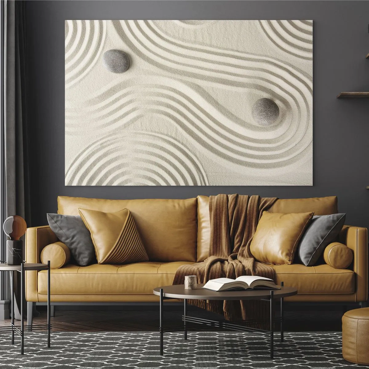 Billede på glas - Minimalistisk sand med sten og geometriske mønstre - 70x50cm - Et strejf af varme - Moderne vægdekoration til stue og soveværelse ARTTOR