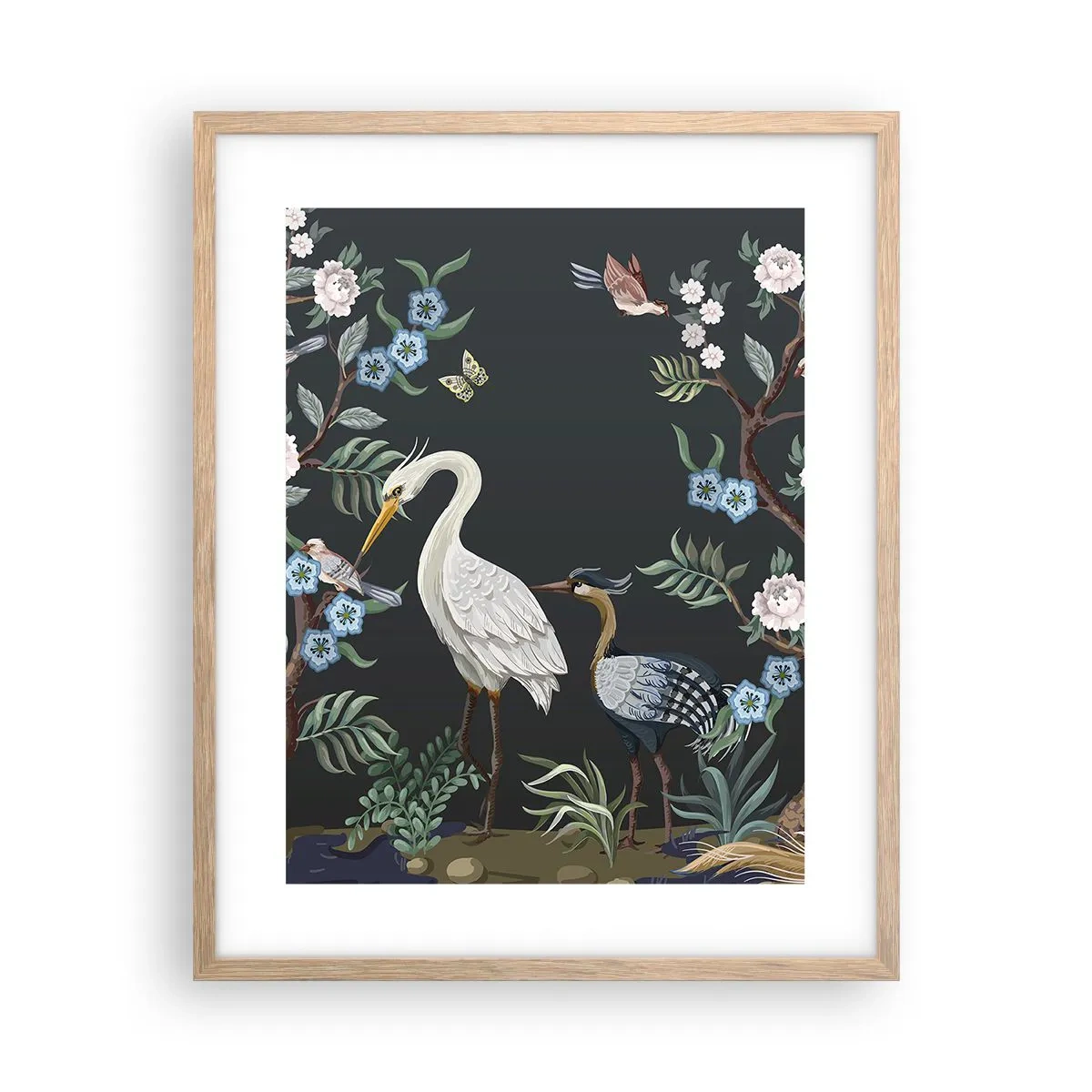 Plakat i ramme af lyst egetræ - Fugleparade - 40x50 cm