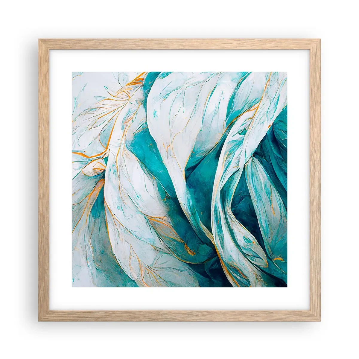 Plakat i ramme af lyst egetræ - Blå abstraktion med et guldmotiv - 40x40 cm
