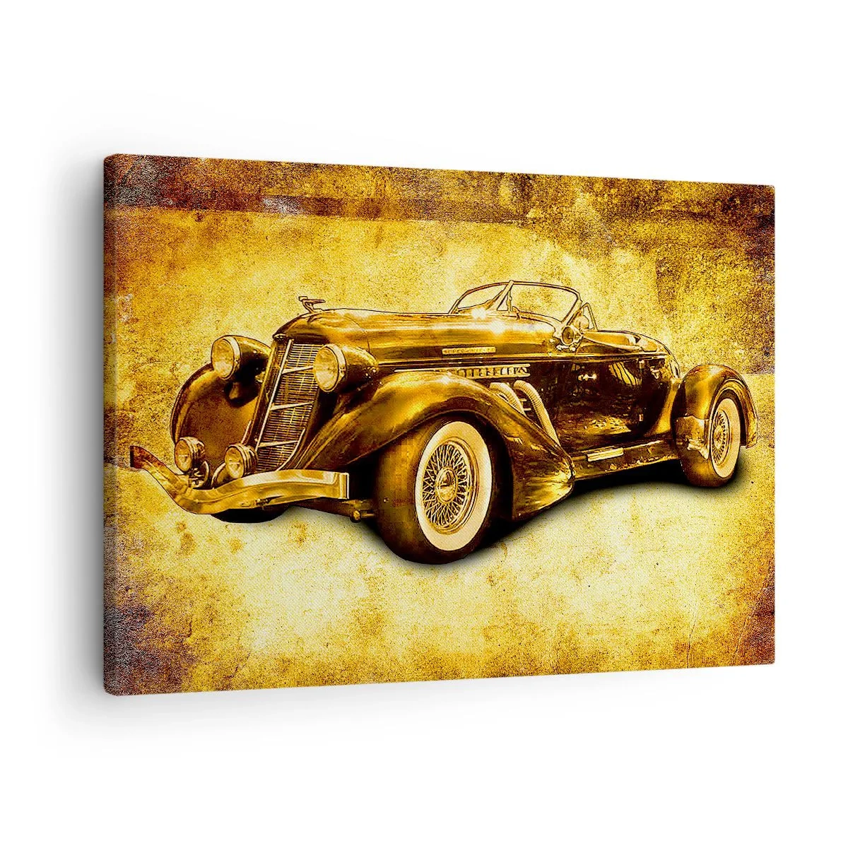 Lærredstryk - Billede på lærred - En klassisk guldfarvet retro cabriolet mod en vintage-baggrund i varme farver. - 70x50cm - Eliten af eliten - Moderne vægdekoration til stue og soveværelse ARTTOR