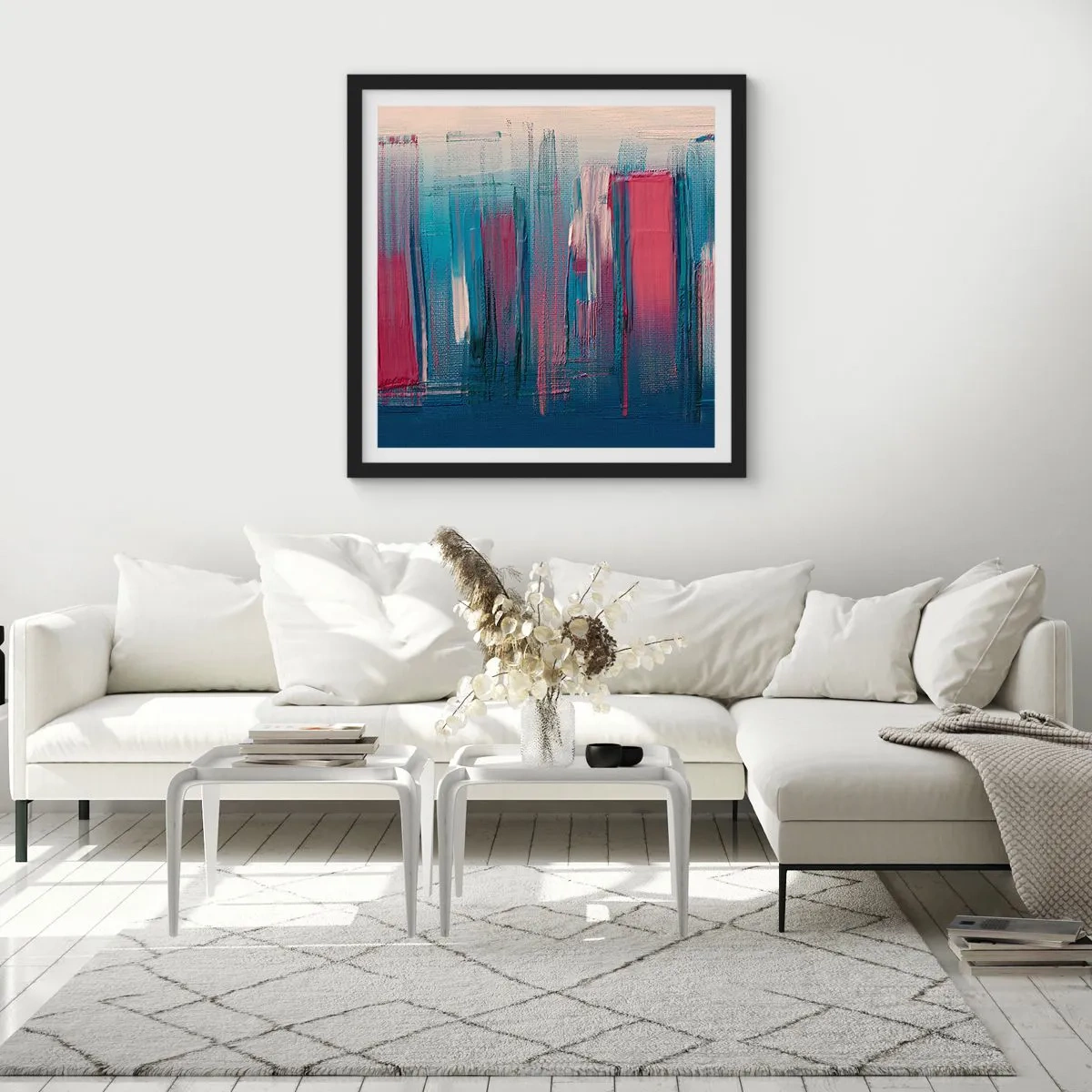 Plakat i sort ramme - Lodret komposition i blåt og rødt - 30x30 cm