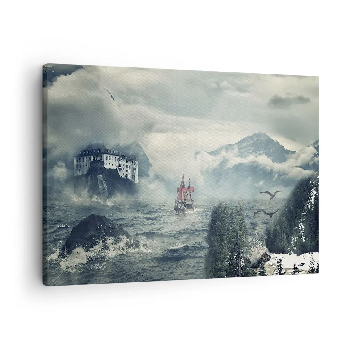Lærredstryk - Billede på lærred - Et mystisk landskab med et slot, bjerge og et skib - 70x50cm - På magiske vande - Moderne vægdekoration til stue og soveværelse ARTTOR