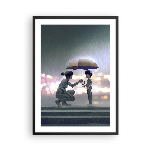 Plakat i sort ramme - En voksen giver en paraply til et barn mod en regnfuld baggrund - 50x70cm - Og alt er godt nu - Moderne vægdekoration til stue og soveværelse ARTTOR