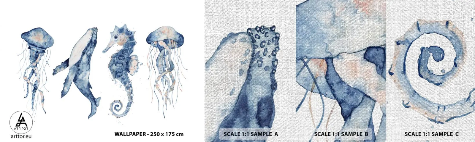 Prøve Fototapet Premium Canvas - Havets vidundere - Havdyr, Søhest, Vandmand - 100x30 cm