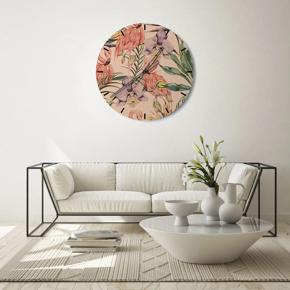 Vægur, Uret - Flamingoer og blomster på en beige baggrund - 30x30cm - Lyserød blomstret ballet - Moderne vægdekoration til stue, køkken og soveværelse ARTTOR