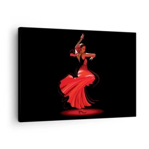 Lærredstryk - Billede på lærred - Flamencodanser i en rød kjole mod en sort baggrund - 70x50cm - Flamencoens brændende ånd - Moderne vægdekoration til stue og soveværelse ARTTOR