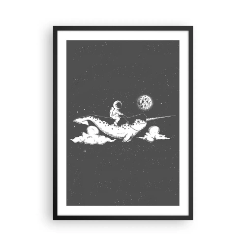 Plakat i sort ramme - Astronaut på ryggen af en narhval i rummet - 50x70cm - Rumrytter - Moderne vægdekoration til stue og soveværelse ARTTOR
