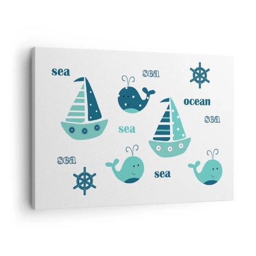 Lærredstryk - Billede på lærred - Charmerende nautiske motiver med hvaler og sejlbåde - 70x50cm - På tværs af have og oceaner - Moderne vægdekoration til stue og soveværelse ARTTOR