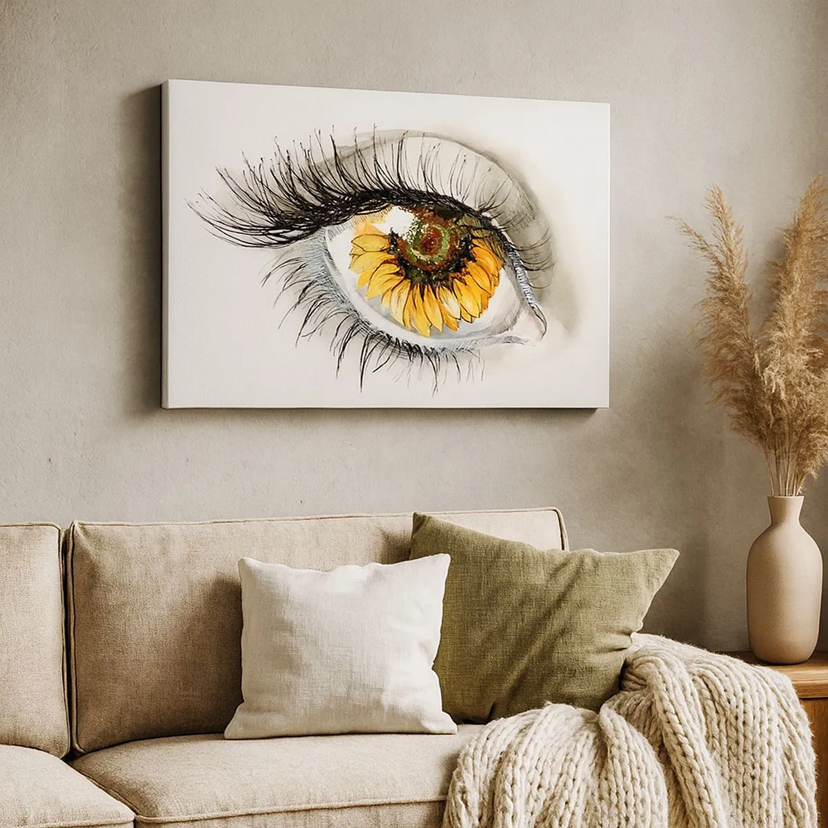 Lærredstryk - Billede på lærred - Kunstnerisk øje med en solsikkeformet iris - 70x50cm - Et look lige så varmt som sommeren - Moderne vægdekoration til stue og soveværelse ARTTOR