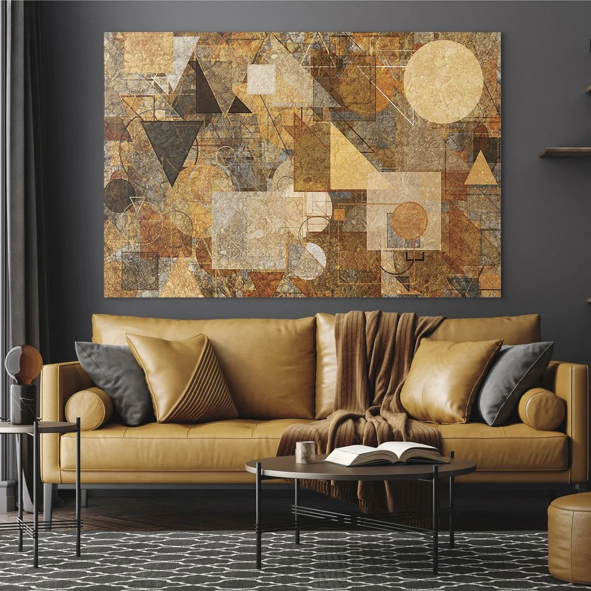 Billede på glas - Abstrakte geometriske mønstre i varme farver - 70x50cm - Kubistisk bronzeundersøgelse - Moderne vægdekoration til stue og soveværelse ARTTOR