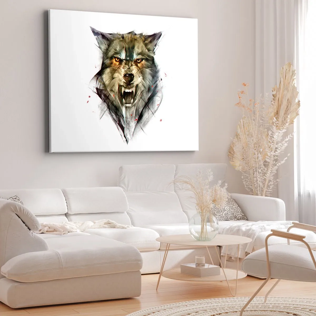 Lærredstryk - Billede på lærred - En farlig ulv i en dynamisk, kunstnerisk form - 70x50cm - Ikke et skridt! - Moderne vægdekoration til stue og soveværelse ARTTOR