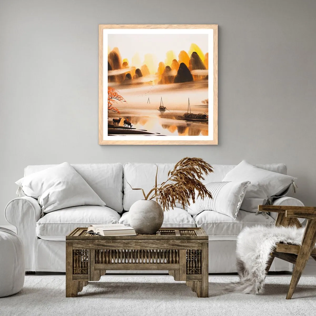 Plakat i ramme af lyst egetræ - Længere væk end det fjerne Østen - 60x60 cm