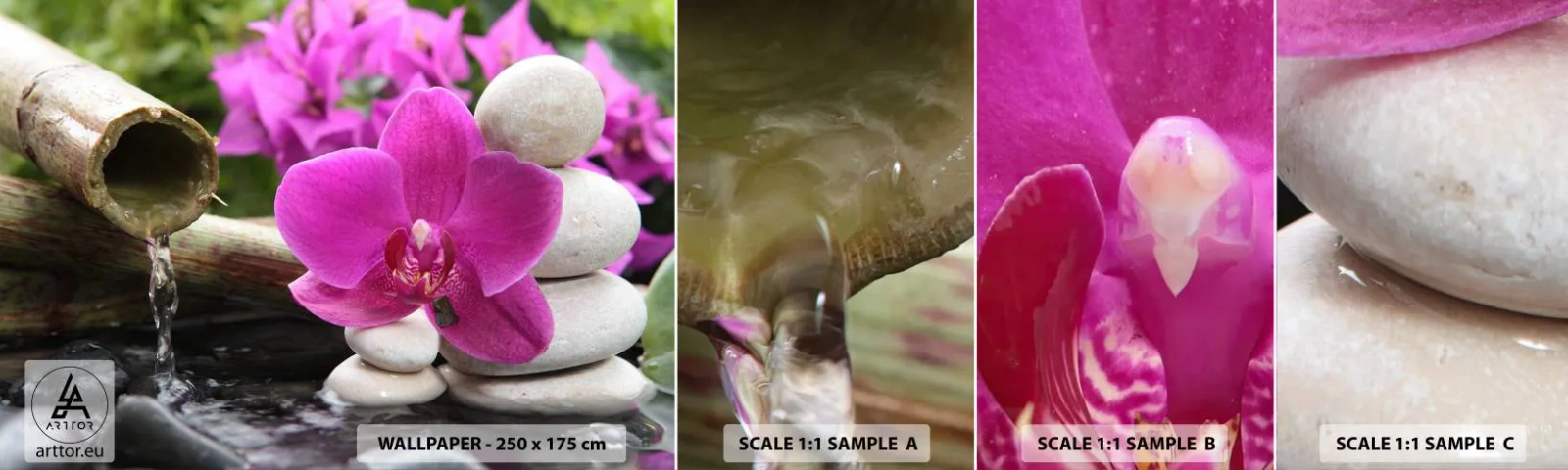 Prøve Fototapet Selvklæbende Deluxe Sticker - Du hviler allerede - Blomster, Bambus, Orkidé - 100x30 cm