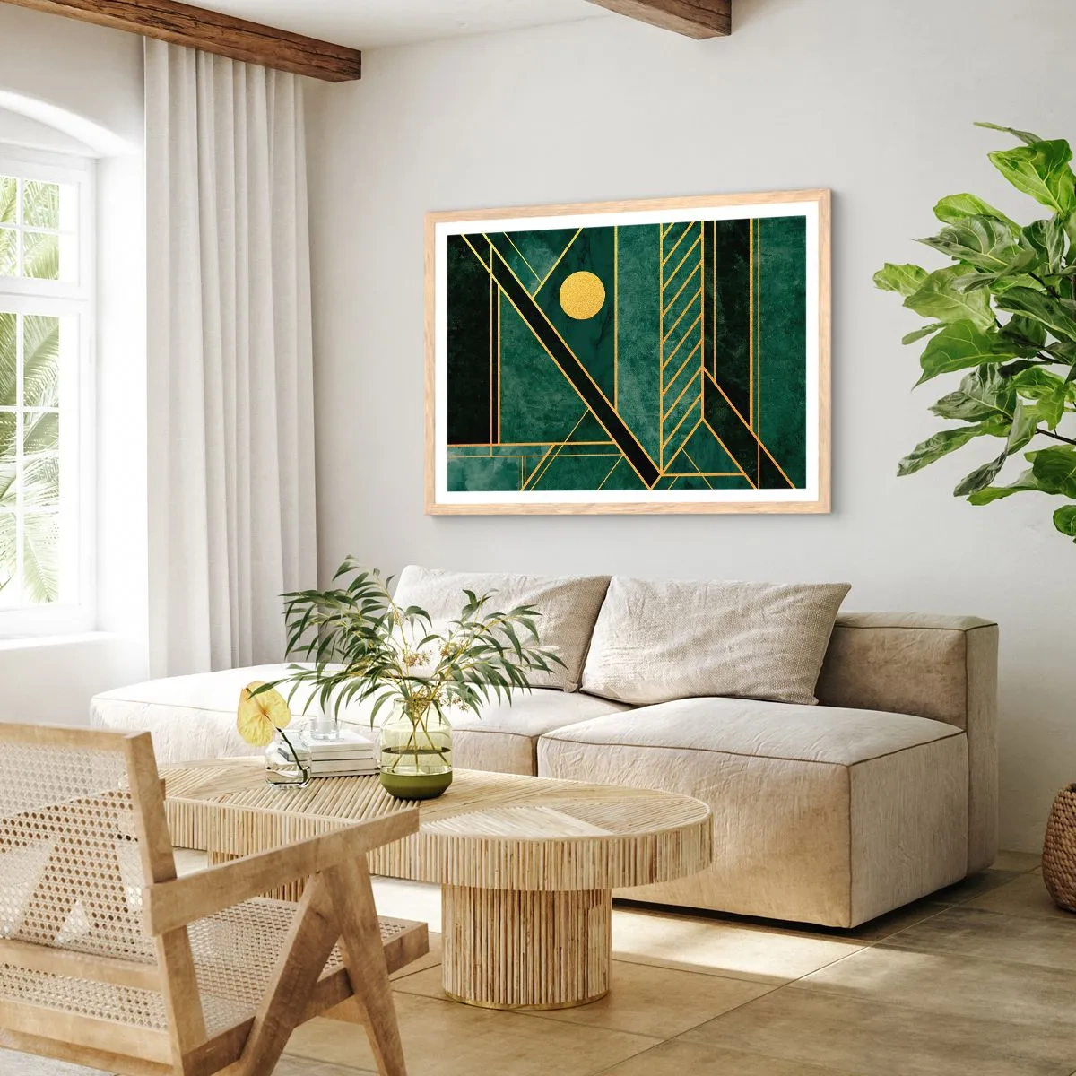 Plakat i ramme af lyst egetræ - Dynamikken i guld og azurblå - 100x70 cm
