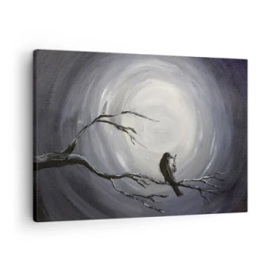 Lærredstryk - Billede på lærred - Sort fugl på en gren i måneskinnet - 70x50cm - Nøglen til nattens mysterium - Moderne vægdekoration til stue og soveværelse ARTTOR