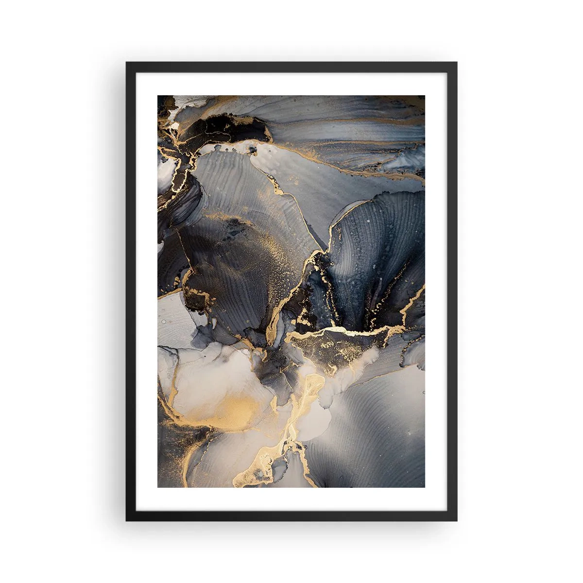 Plakat i sort ramme - En abstrakt komposition i mørke nuancer med gulddetaljer. - 50x70cm - Livet af sten - Moderne vægdekoration til stue og soveværelse ARTTOR