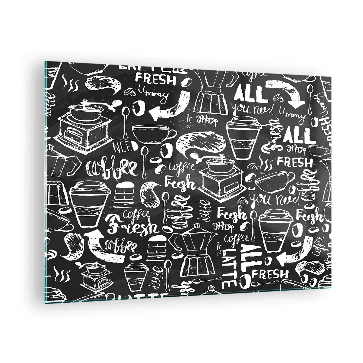 Billede på glas - Kaffegrafik og -skrift på sort baggrund i retrostil - 70x50cm - All you need is… - Moderne vægdekoration til stue og soveværelse ARTTOR