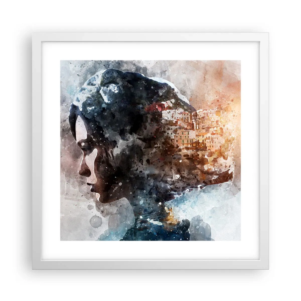Plakat i hvid ramme - Historien om en pige med en by i baggrunden - 40x40 cm