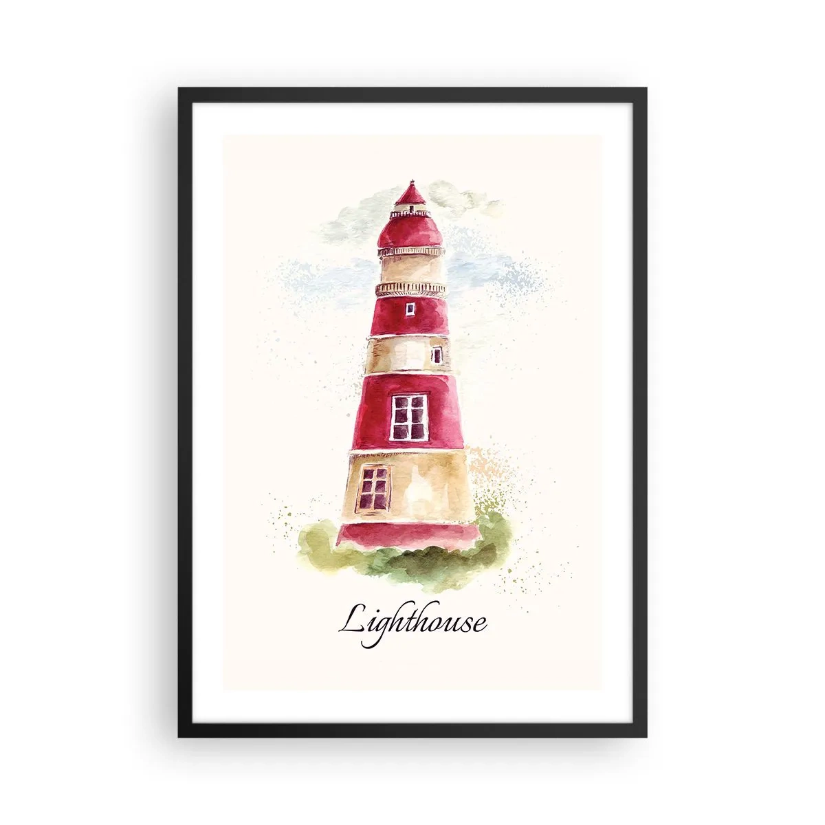 Plakat i sort ramme - Akvarel illustration af et fyrtårn på en lys baggrund - 50x70cm - Altid vejret omkring - Moderne vægdekoration til stue og soveværelse ARTTOR