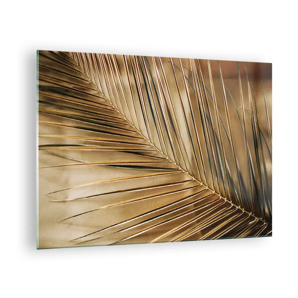 Billede på glas - Nærbillede af et palmeblad i gyldenbrune toner - 70x50cm - Naturlig kolonnade - Moderne vægdekoration til stue og soveværelse ARTTOR