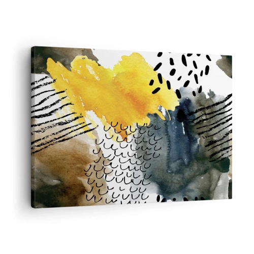 Lærredstryk - Billede på lærred - En abstrakt komposition med gule accenter og grafiske mønstre. - 70x50cm - Et møde mellem elementerne - Moderne vægdekoration til stue og soveværelse ARTTOR