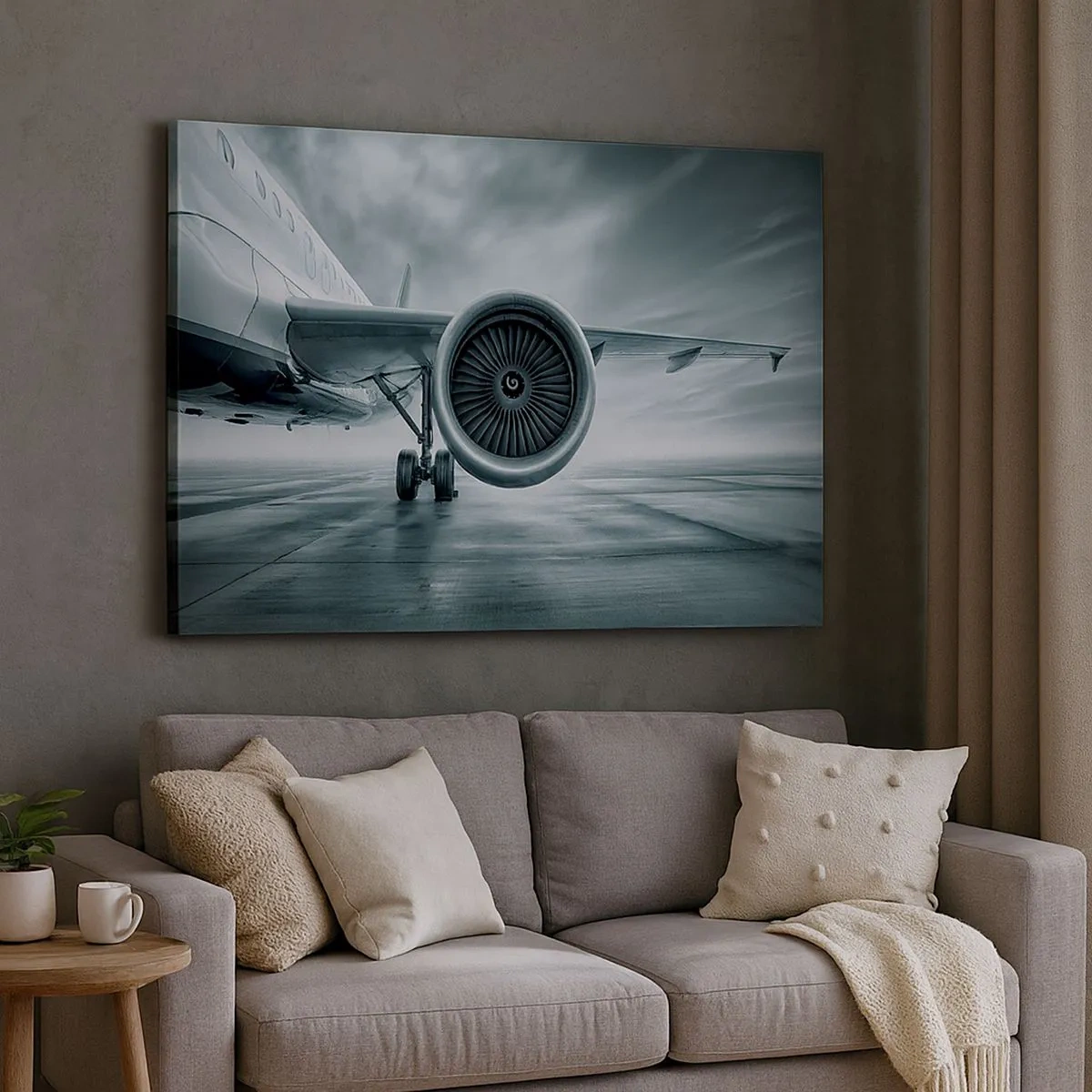 Lærredstryk - Billede på lærred - En flys jetmotor på asfalten - 70x50cm - Der er kraft! - Moderne vægdekoration til stue og soveværelse ARTTOR